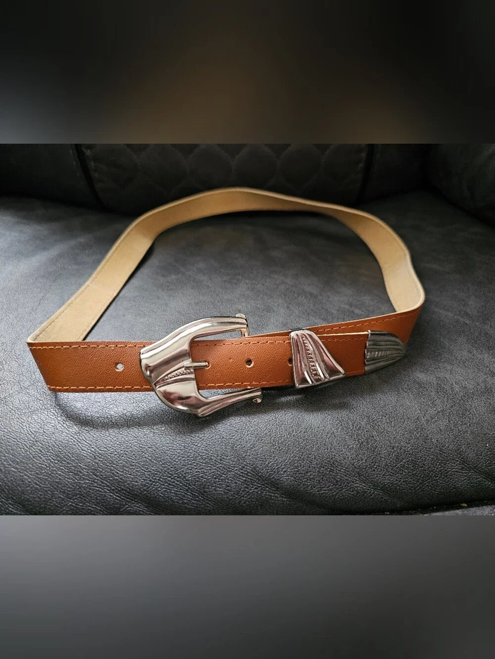Vintage 90s Tan Leather Look Belt Silver Art Deco Western Buckle